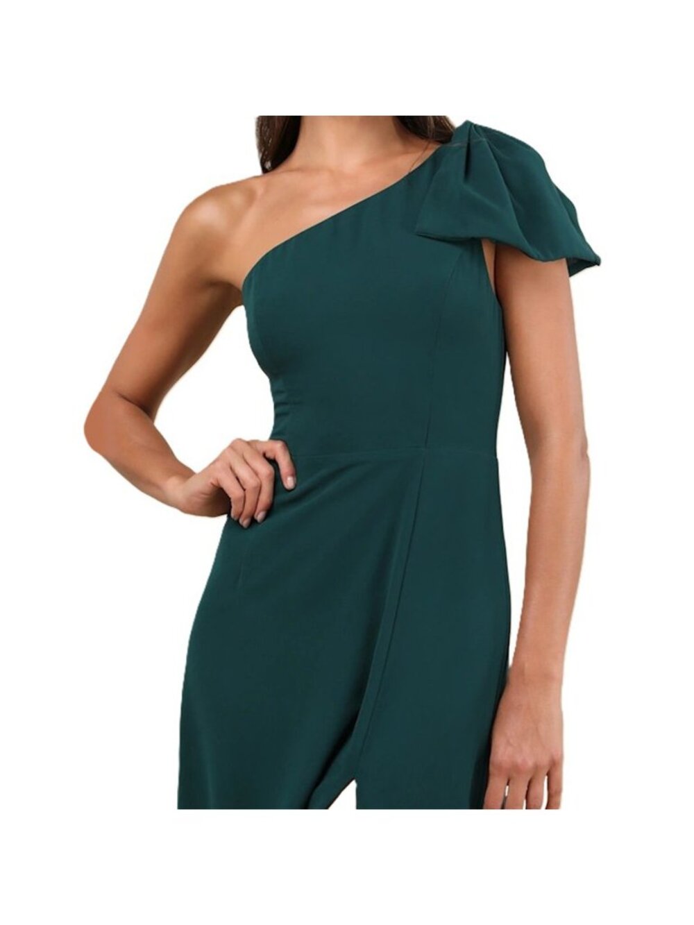 Lulus One Shoulder Maxi Dress Emeral Green w/ Bow Side Zip Side Slit Large NWT